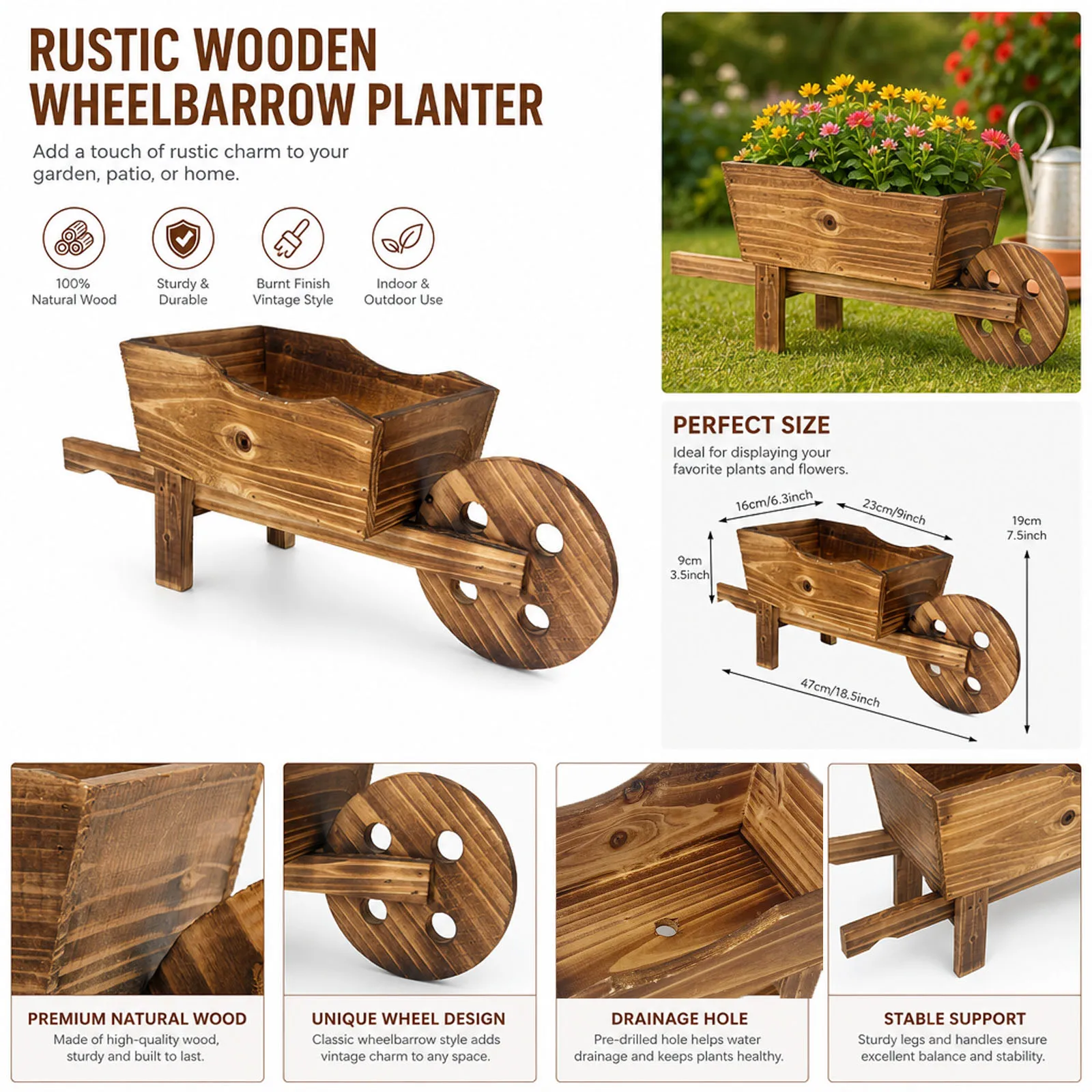 Rustic Wooden Handcart Planter Window Vanilla Planting Box with Wheels and Handle Vintage Wood Flower Pot