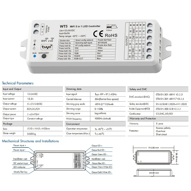 Imagem -03 - Tuya Inteligente Led Strip Controller Canais dc 12v 24v dc 12v 24v Rgb Rgbw Rgbcct Tira Conduzida 2.4g rf Remoto Google Alexa Controle por Voz