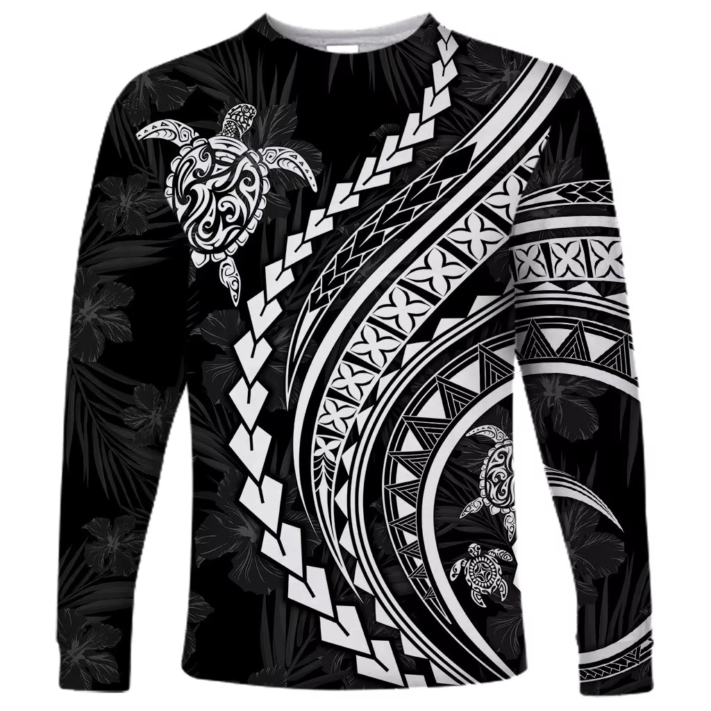 

2024 new men's Polynesian long-sleeved T-shirt 3D printed turtle hibiscus luxury print men's autumn tops casual round neck