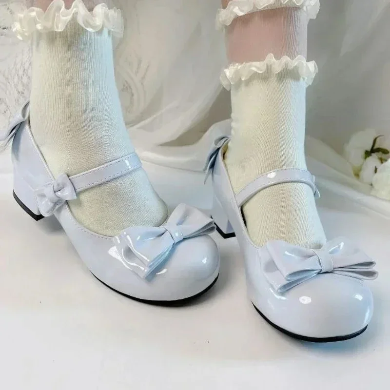 2025Lolita stile carino testa tonda Jane pompe con fiocco dolce vestito da festa da donna scarpe con tacco longuette sandali in PU moda