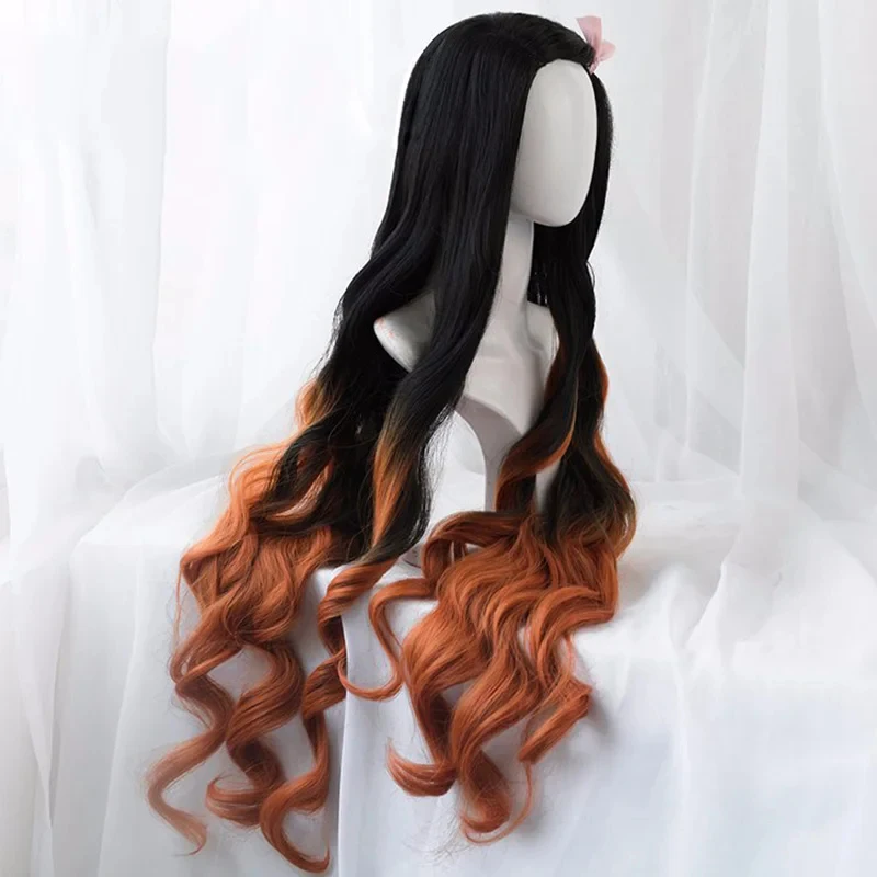 

w;2,c\4.g;Anime Kamado Nezuko Cosplay Wig Dyeing Layered Gradient Ombre Long Heat Resistant Synthetic Hair Wigs6,b'8\j'7/