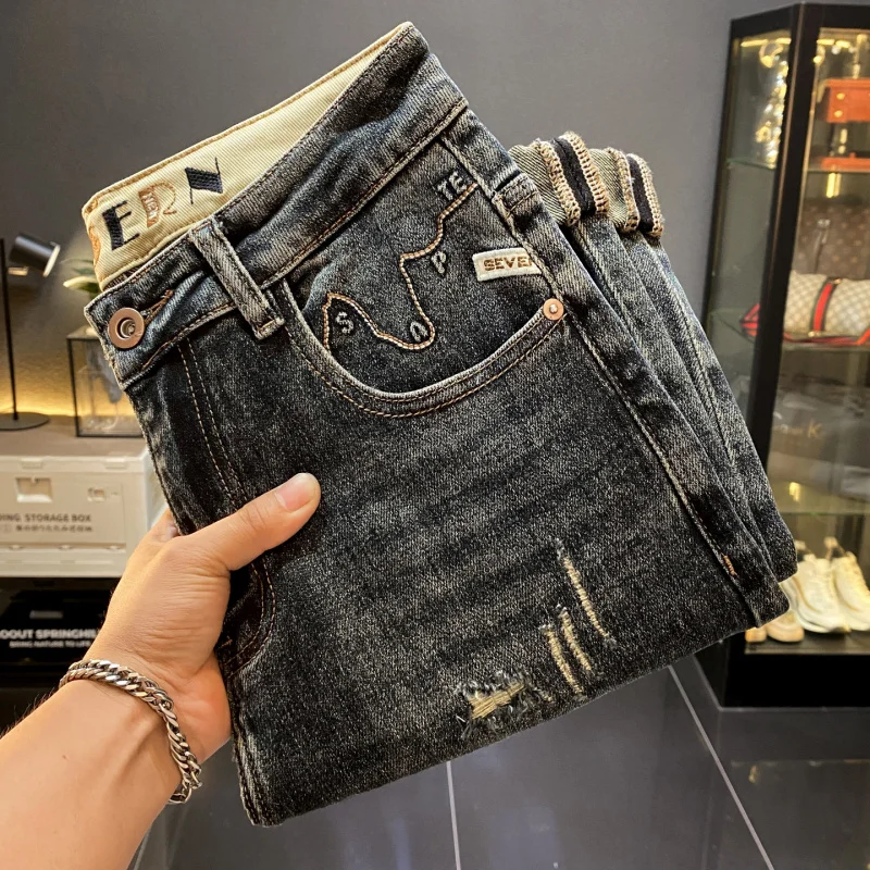 

Американские элитные модные джинсы с рваными нашивками, мужские осенние новые зауженные повседневные брюки Pu Shuai