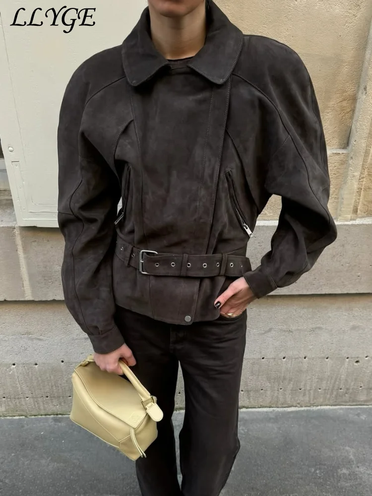 Fashion Women's Belt Short Suede Jackets Street Lapel Puff Sleeve Zipper Female Coats 2025 Spring Lady Vintage Patchwork Outwear