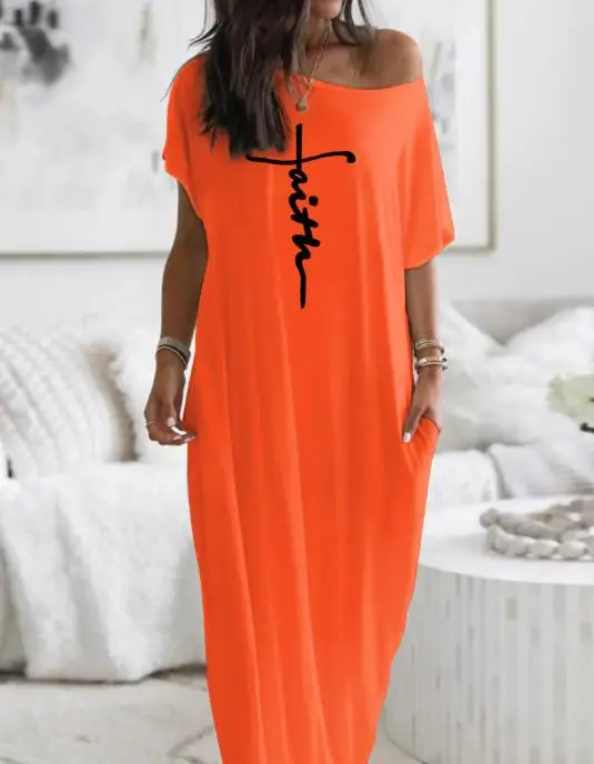 

Loose Women's Dress Summer New Letter Print Casual Simple Off Shoulder Design Short Sleeved Dress Suitable for Daily Use