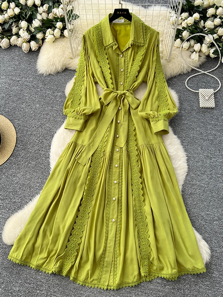 

Весенне-осеннее однобортное платье с французским кружевным воротником для женщин, новое белое платье с длинными рукавами в этническом стиле в стиле ретро D81