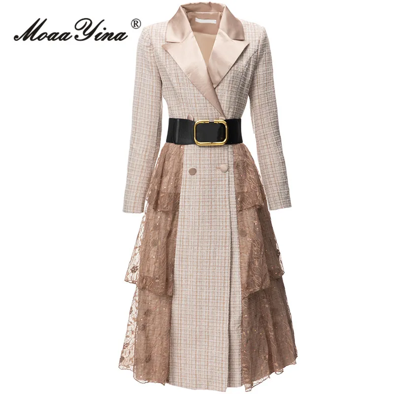 

MoaaYina Winter Fashion Designer Vintage Mesh Spliced Blends Coat Women Lapel Ruffle Sashes Gathered Waist Slim long Blends Coat