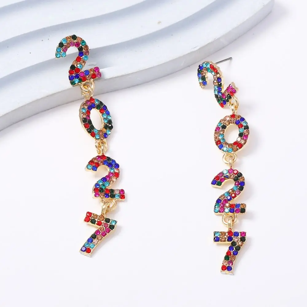 Pearl 2027 Digital Earrings Zircon Colorful Happy New Year Earrings Shiny Long Drop Christmas Stud Earrings New Year Party