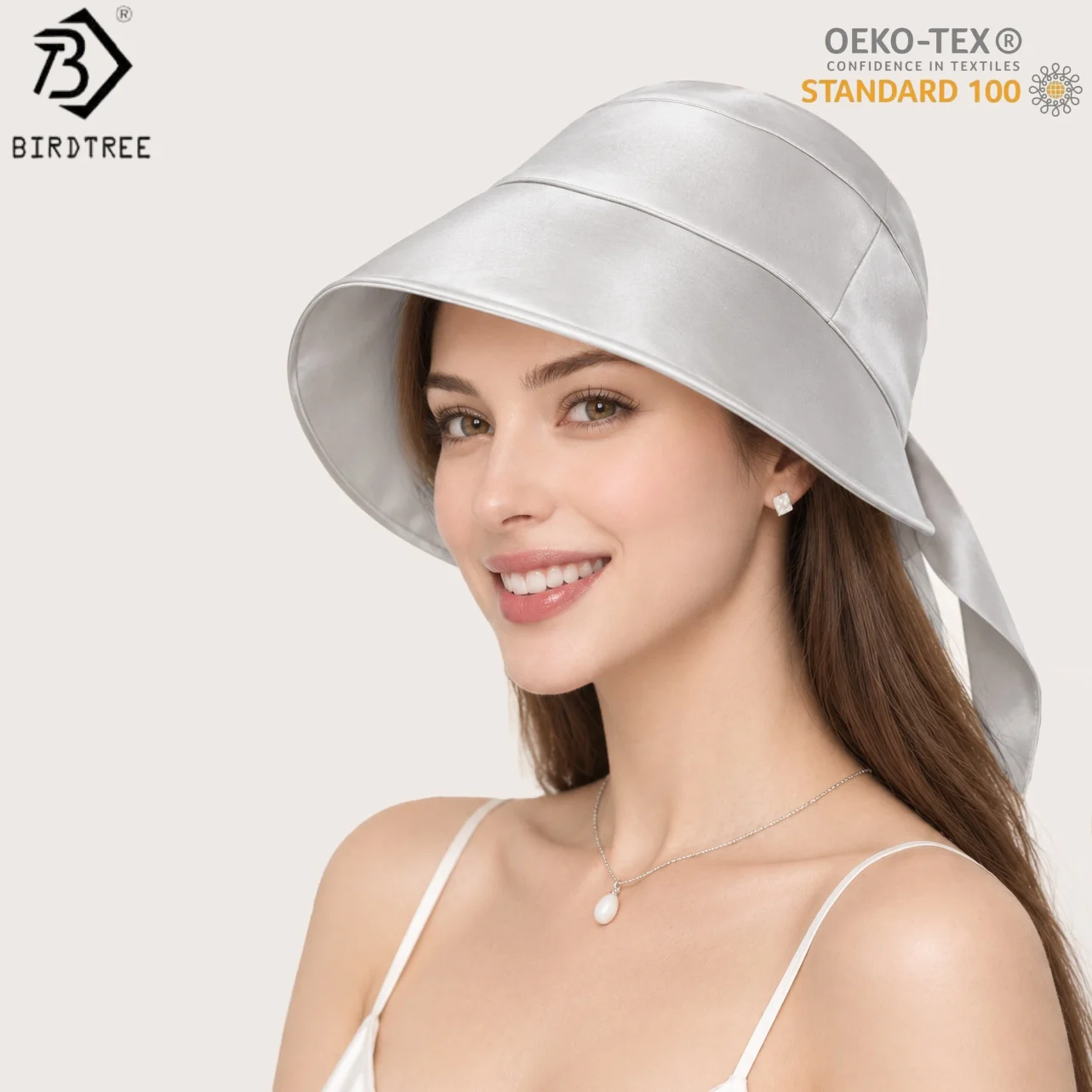 BirdTree, OEKO-TEX, 19MM 100% Silk Bucket Hat, Women's Solid Sun UV Protection Hat, Outdoor Adjustable Wide Brim Caps S69701JF
