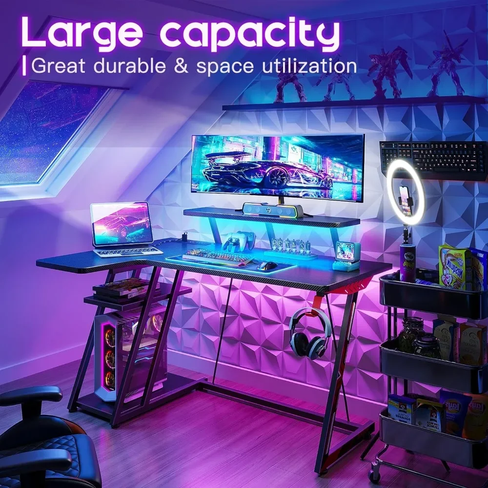 L Shaped Gaming Desk with LED Lights & Power Outlets, Gaming Computer Desk 47inch with Storage Shelf