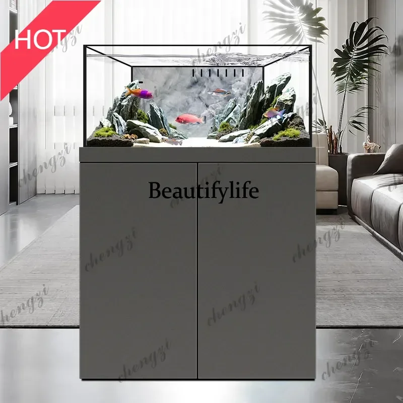Stream tank living room vertical floor integrated bottom filter square fish tank ultra-white glass