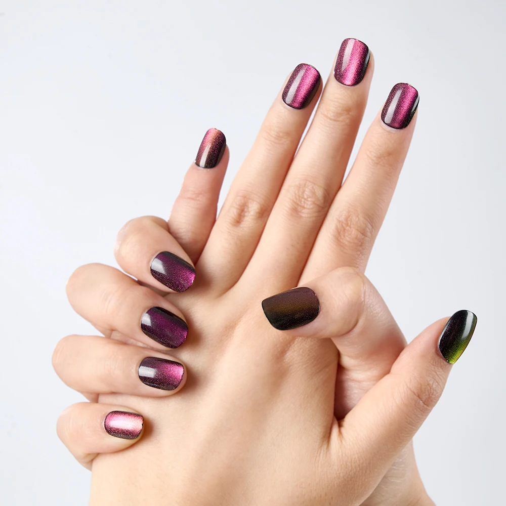 

10PCS Handmade Purple Red Cat Eye Press On Nails Glossy Short Square Fake Nails Shiny False Nails For Women Girls Party Nail