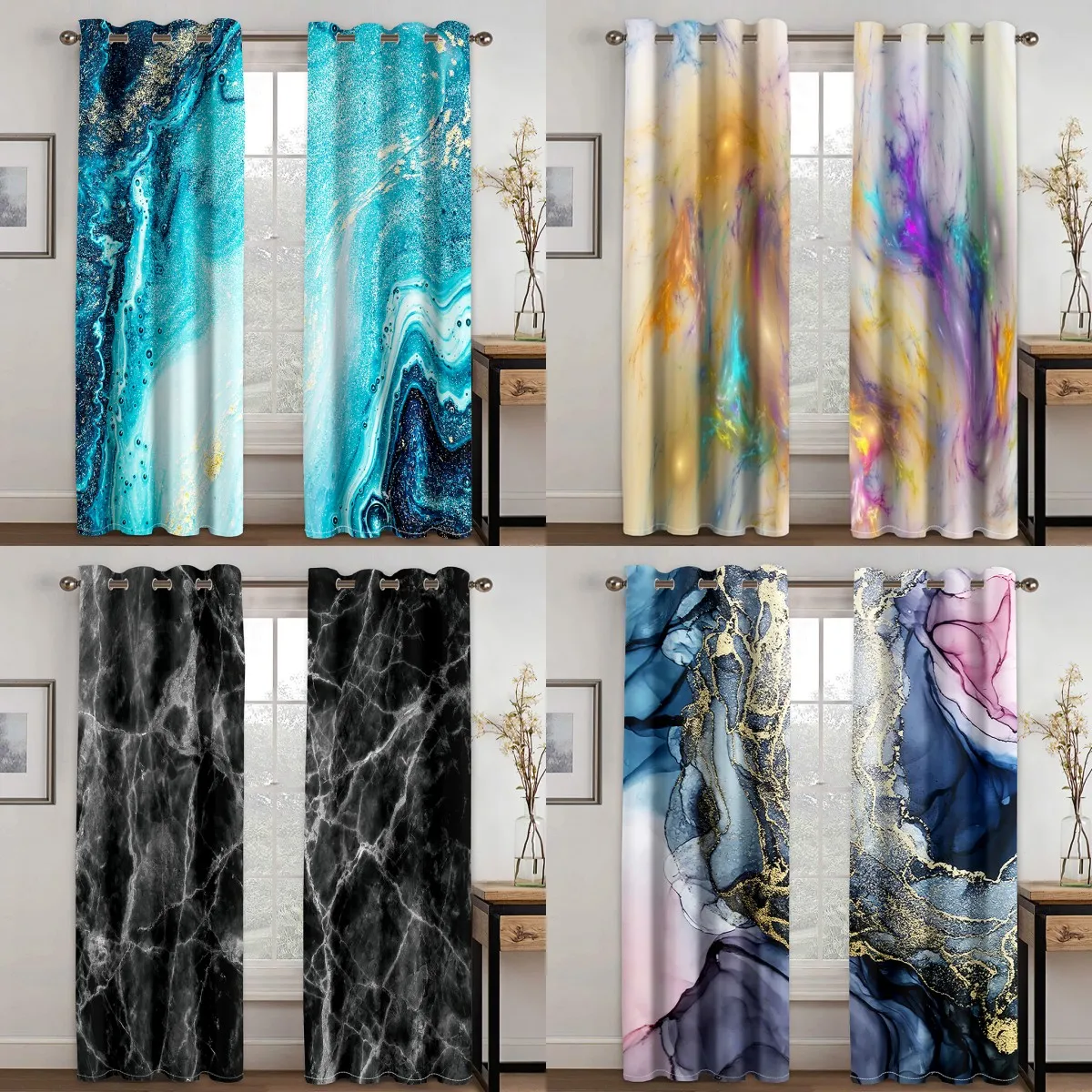 Cheap Custom Abstract Blue Marble Modern Thick Two Windows Curtains for Living Room Bedroom Decor 2 Pcs