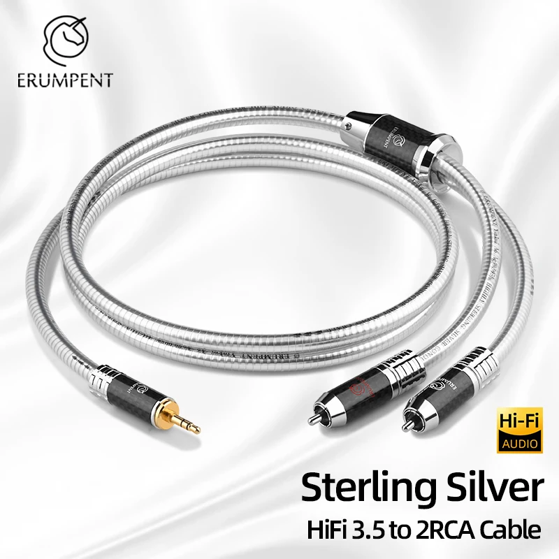 ERUMPENT HiFi Sterling Silver 3.5mm to 2RCA Splitter Audio Cable Stereo 3.5 Jack to 2RCA Male for Phone Computer Amplifiers