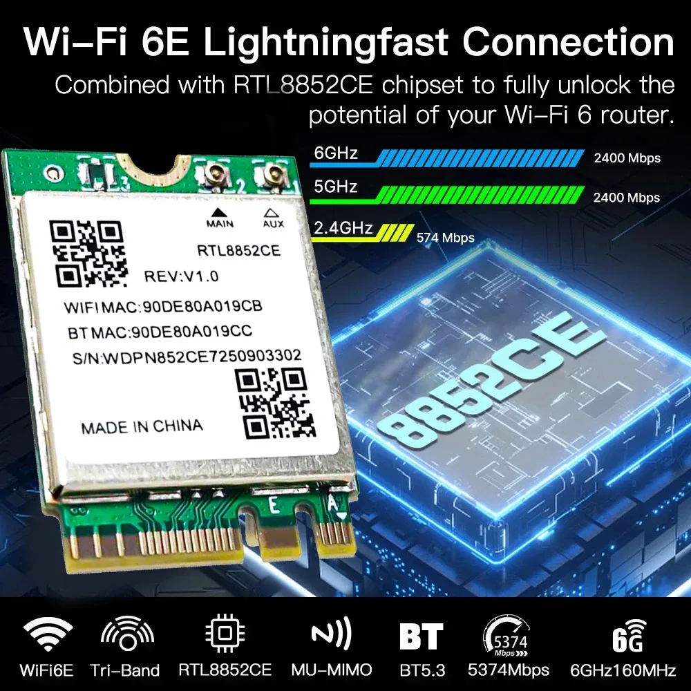 WiFi 6E Triple Band 5374 Mbps Bluetooth 5.3 Adapter Draadloze Dongle RTL8852CE M.2 2230 802.11ax Netwerkkaart voor Windows 10/11