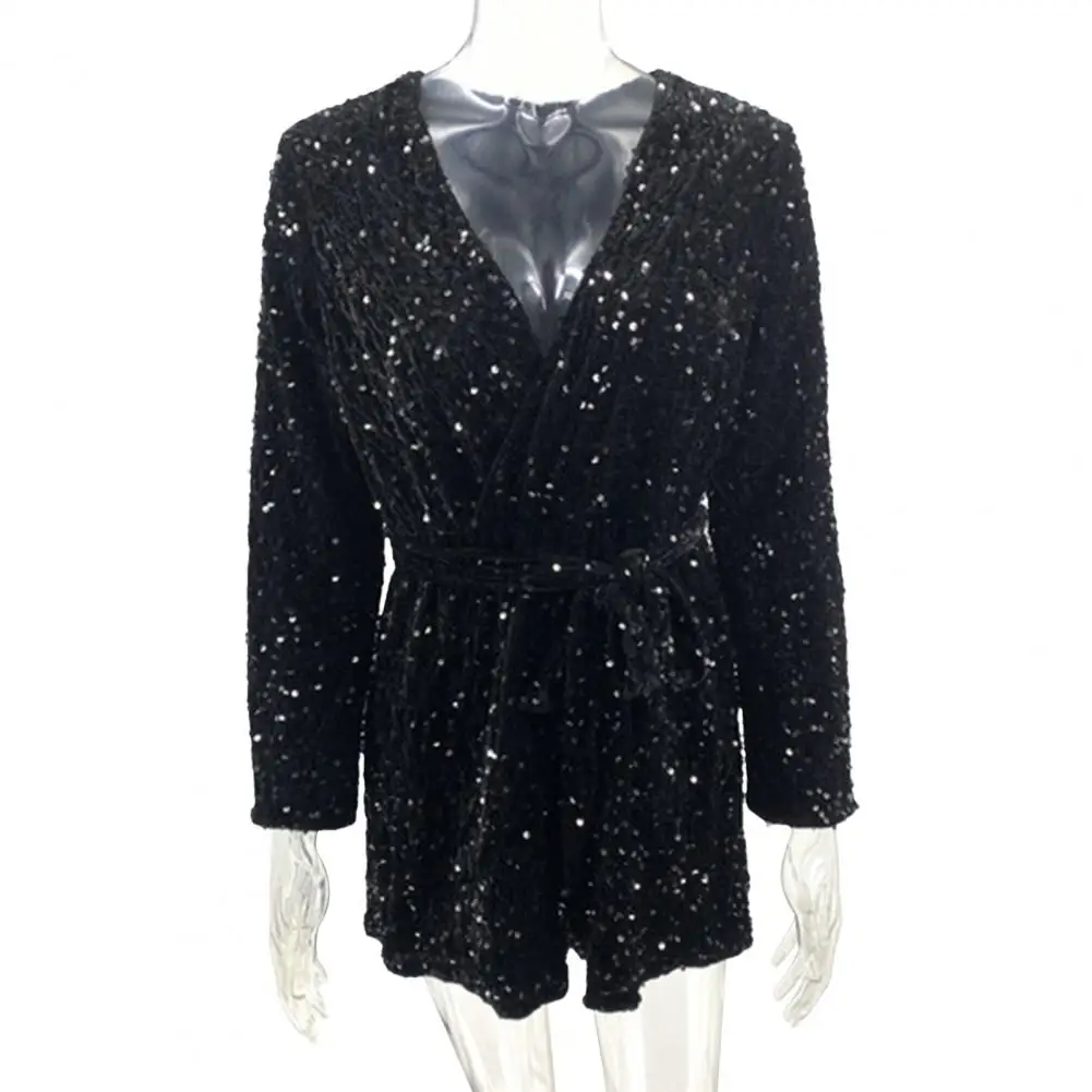 Monos elegantes para mujer, pelele holgado de manga larga con lentejuelas brillantes, mono con cordones y cintura delgada para fiesta de graduación por encima de la rodilla