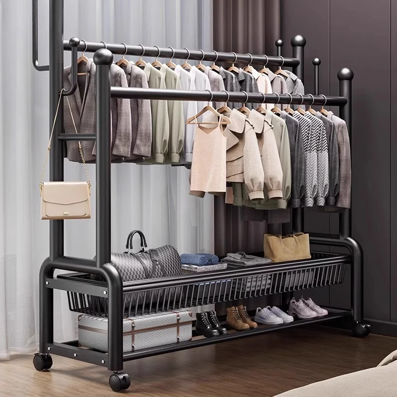 

Double rod coat rack with wheels removable floor-to-ceiling bedroom hanger bold clothes storage rack