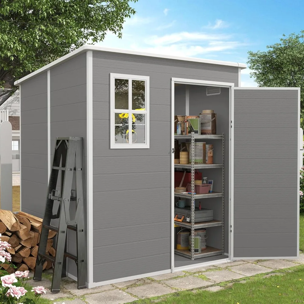 

Outdoor Storage Shed, 6x6 FT Resin Shed with Floor and Lockable Vents, Garden Accessories, Tools, Waterproof (Grey & White)