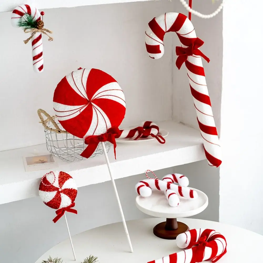 New Foam Flocking Simulation Candy Cane Decoration Red White Canes Christmas Velvet Hanging Candies Christmas Tree Ornaments