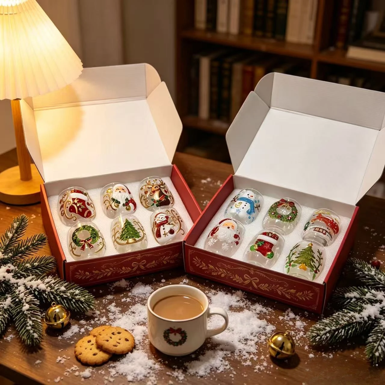 Glass Painted Santa Snowman Christmas Wine Cup 6pcs, Funny Holiday Beer Mugs Set for Party Gift
