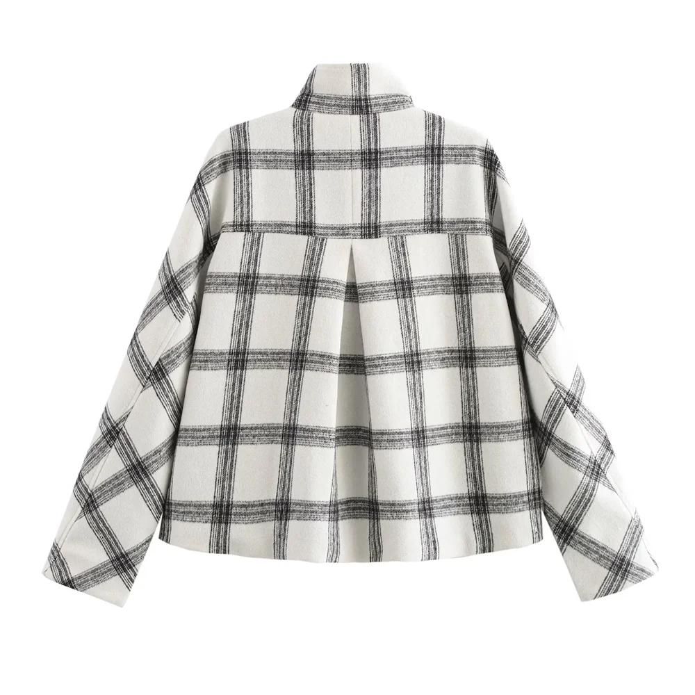 RZRA 2024 Autumn/Winter New Product Women's Versatile Stand Collar Plaid Long Sleeve Stand Collar Jacket Coat