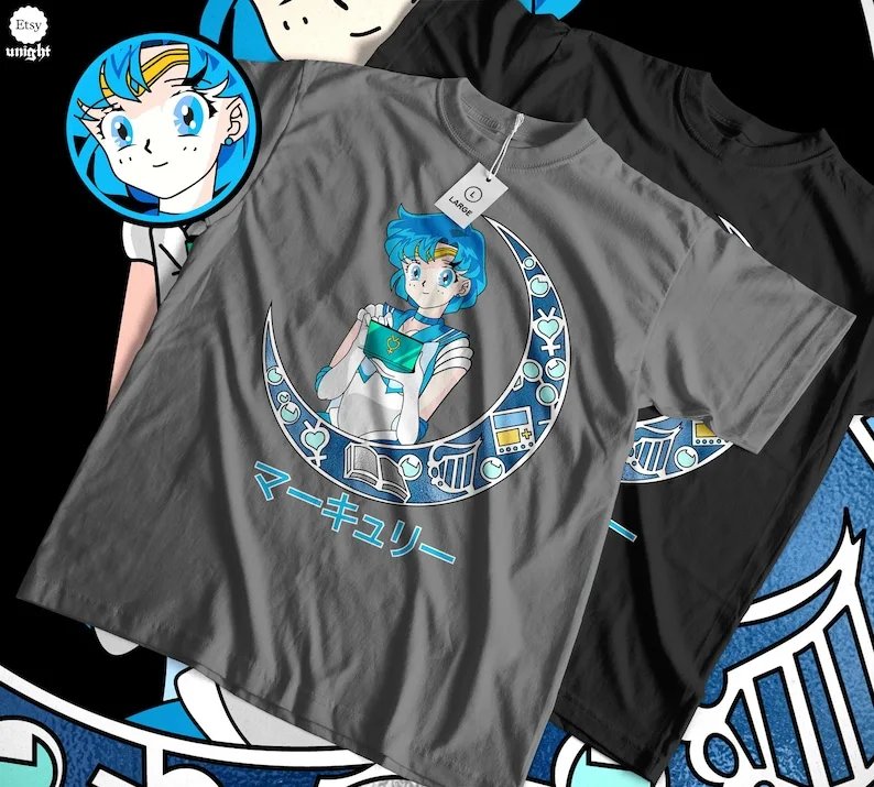 Aqua Protector Heroine Unisex T-shirt - Japanese Anime Apparel, Vintage 90s Manga Style, Shoujo Power, Anime Enthusiast Gift, Ep