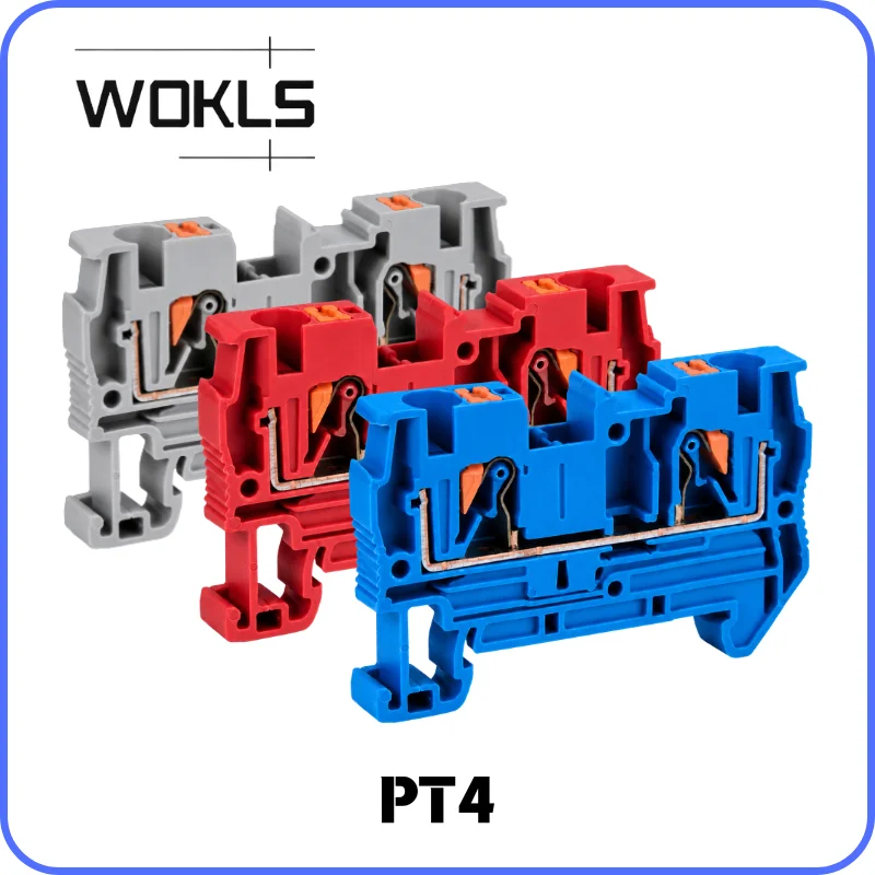 10PCS/LOT PT4 Feed Through Spring Push In DIN Rail Terminal Block 24-12 AWG 800V 32A
