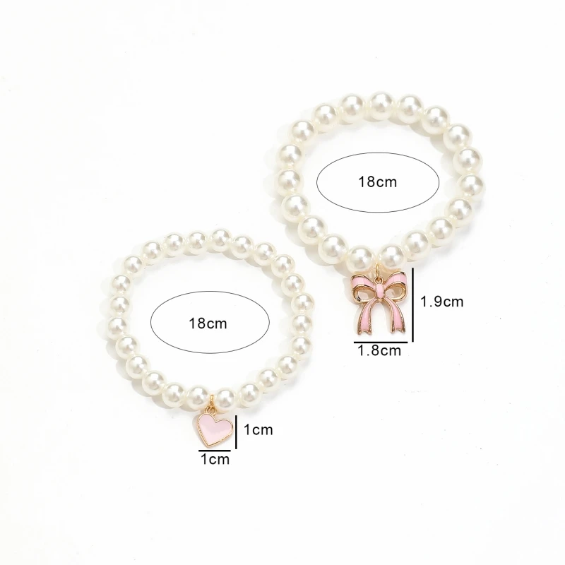 طقم سوار بدلاية وردية الشكل على شكل قلب وقلب ، طراز باليه لطيف ، مطرز باللؤلؤ الصناعي ، مجوهرات قابلة للتمدد ، الموضة ، 2 في كل طقم