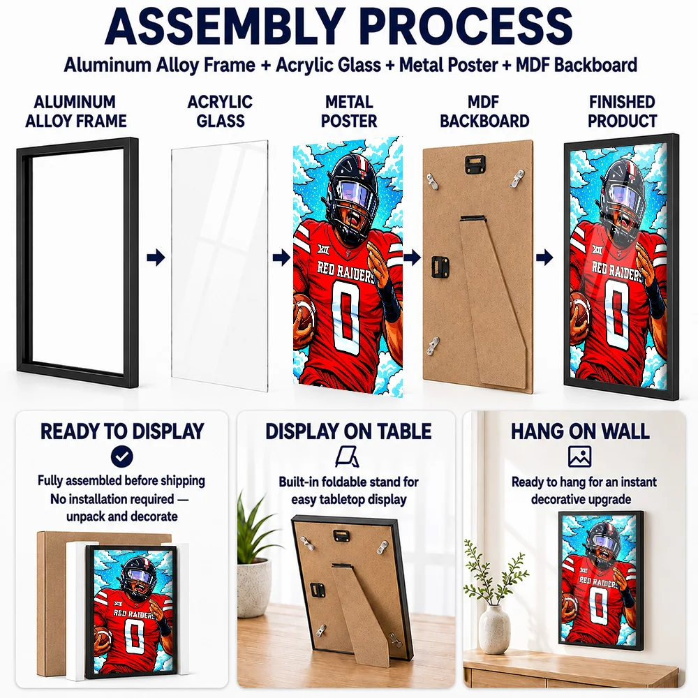 Football Player Pop Metal Poster With Aluminum Alloy Frame Customized Comic Style Wall Art For Home Office And Team Locker Room