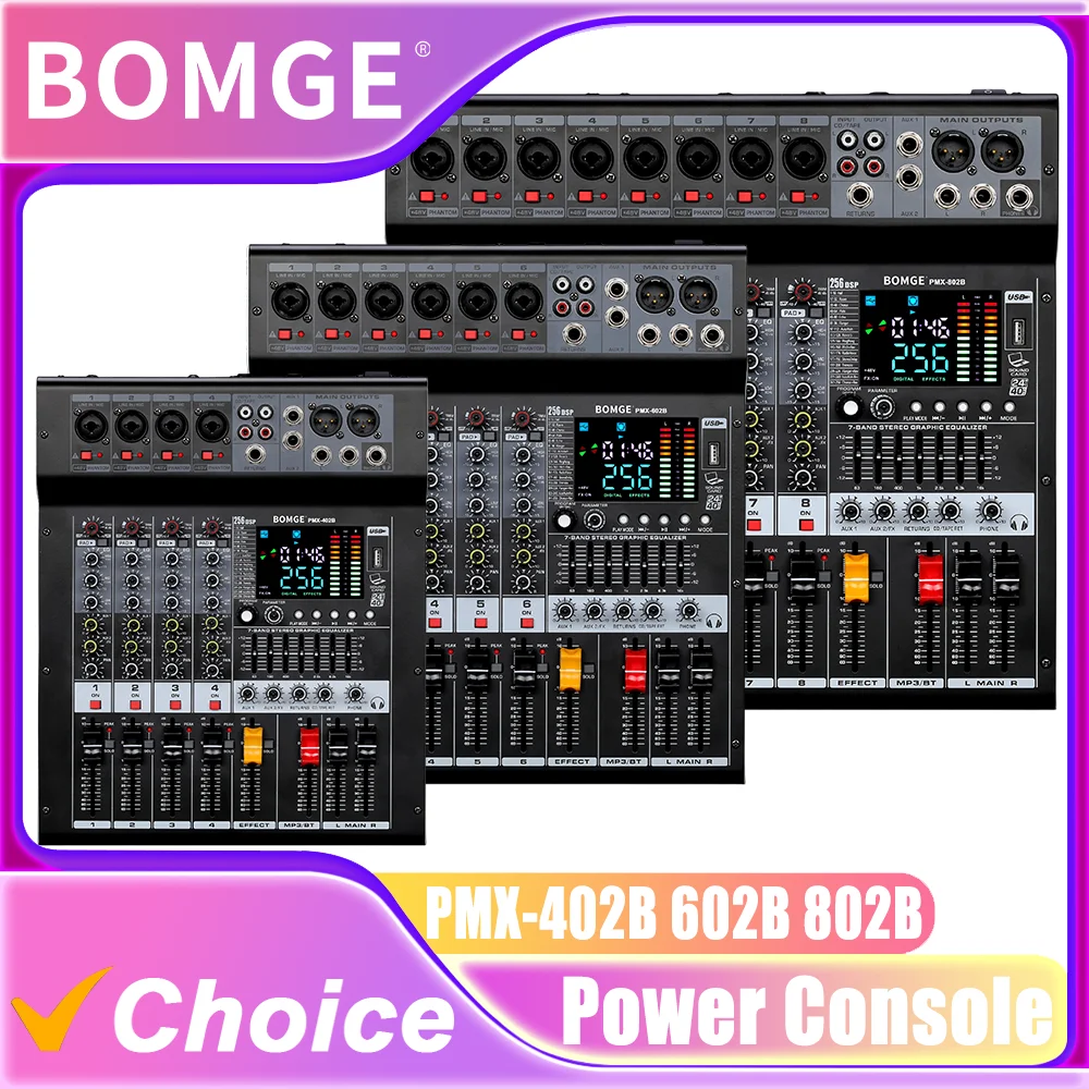 BOMGE 4/6/8 Channel Power Sound Mixer Audio, Amplifier 2*350W/400W/450W with USB,Mic Pres,+48V,Bluetooth,256 DSP for Studio
