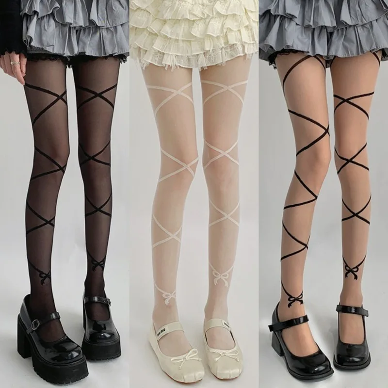 

Women Sexy Alluring Cross Strap Bow Pantyhose Sweet Ballet Style Lolita JK White Tights Ins Trendy Thin Bottom Silk Stockings