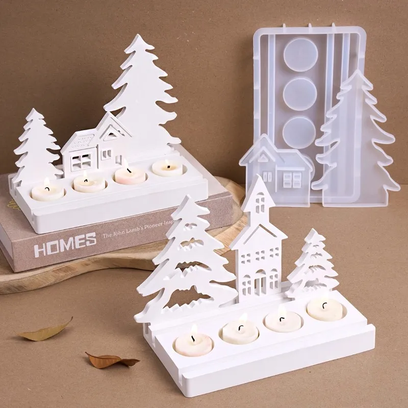 DIY Weihnachten Serie Kerzenhalter Silikonform Baum Haus Kerzenhalter Ornament Harzform 3D Gips Handwerk Geschenke Home Decor