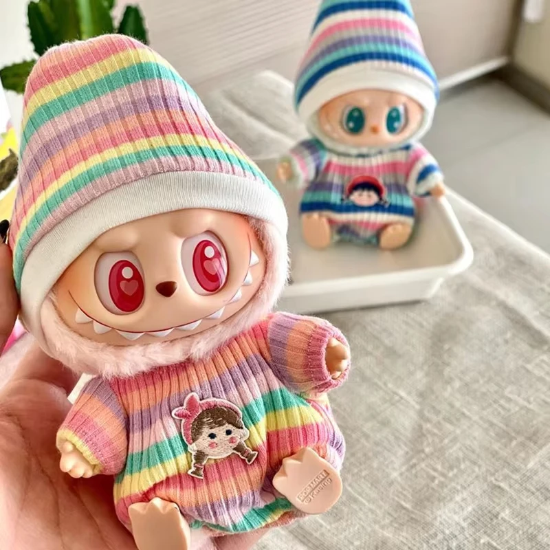 

17cm Labubu Dolls Clothing Mini Plush Doll's Clothes The Monster Outfit Accessories Winter Jumpsuit Rainbow Pajamas