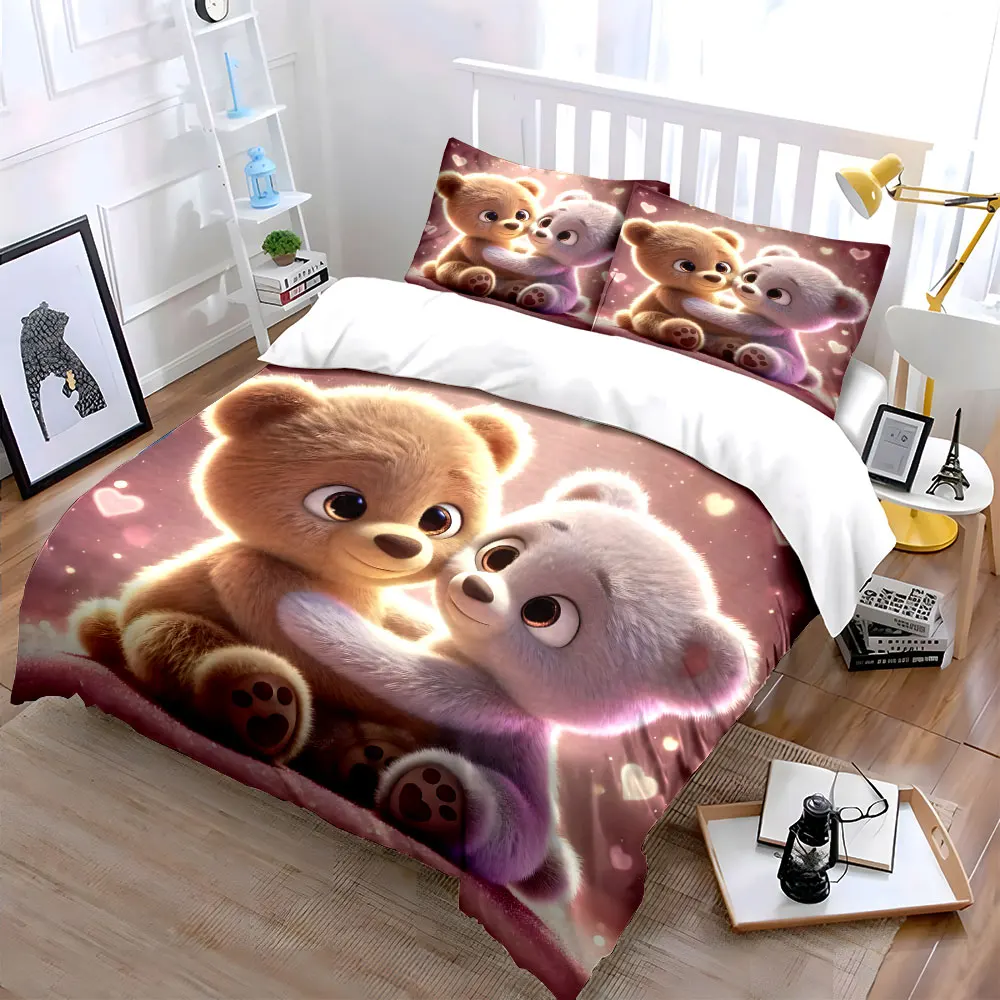 Adorable Hugging Teddy Bears Printed Duvet Cover Set1 Duvet Cover+2 PillowcaseMulti Size Bedroom Bedding Decor Luxury gifts