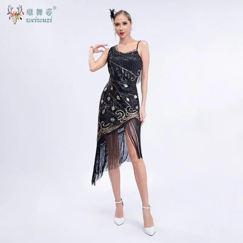 

New 1920s Tassel Sequin Bead Embroidery Sleeveless Camisole Dress, Retro Elegant Ballroom Mid Length Cinched Evening Gown
