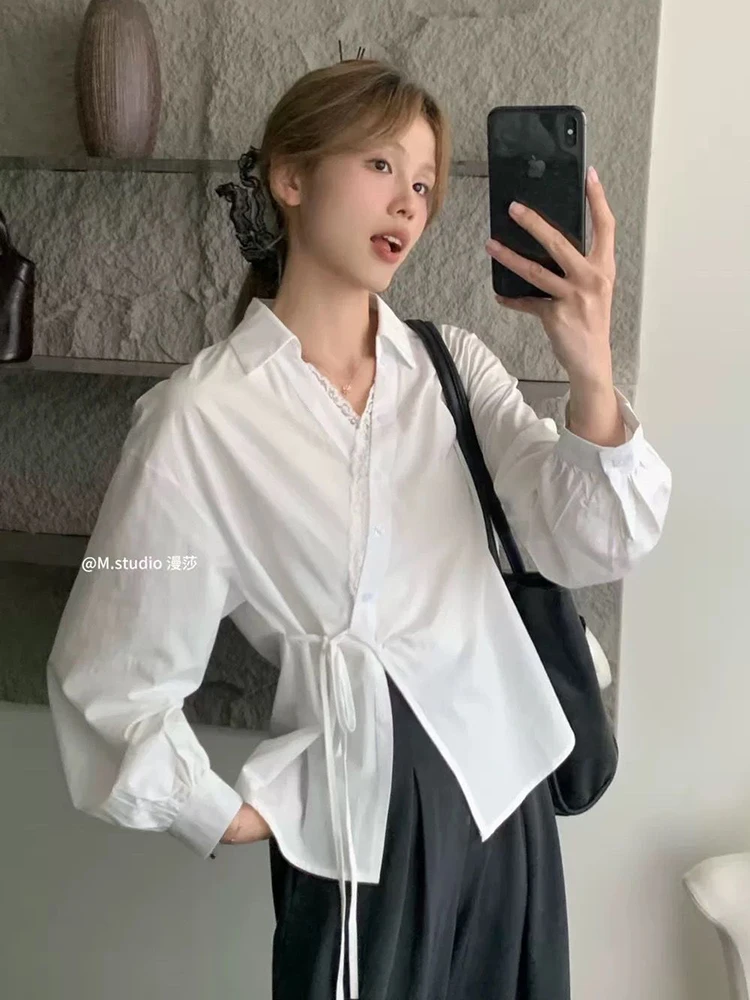 Sweet Retro Women Shirt Lace Patchwork Long Sleeve Elegant Blouse French Design V Neck Irregular Spring Lady Lace Up Tops New