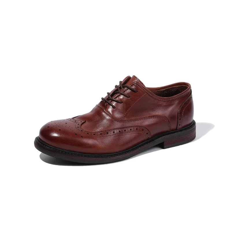 

British Style Brogue Leather Shoes Men's Genuine Leather Dress Round Toe Business Casual Handmade Cowhide Work Oxfords Male