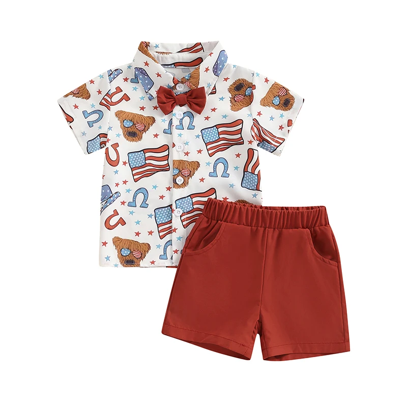 SUNSIOM Kids Boys 4th of July Outfits Lapel Neck Short Sleeve Flag Print Tops Bowtie Elastic Waist Shorts Toddler Summer Set