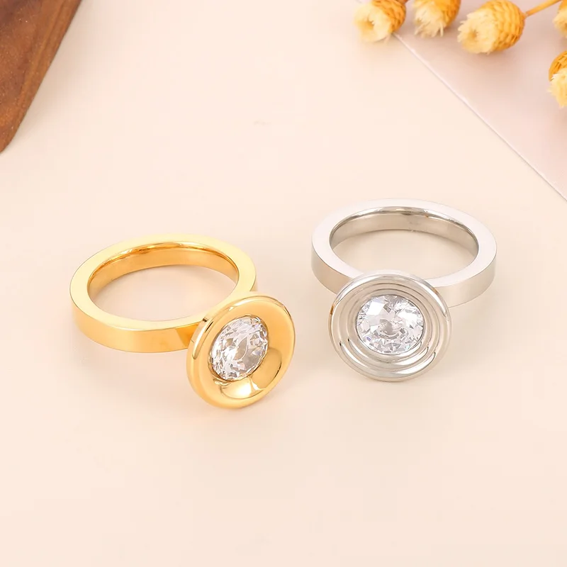 Fashion White Shiny Zircon Round Rings for Women Girl Gold Silver Color Stainless Steel Ring Elegant Unique French Jewelry Mujer