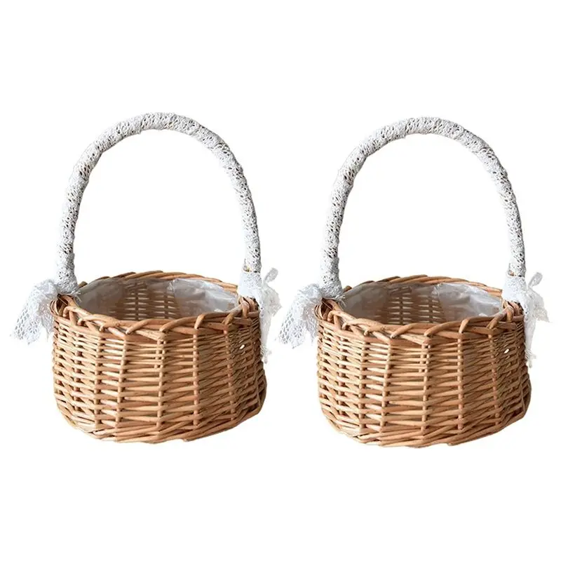 2 Piece Woven Storage Basket With Handle Wedding Flower Girl Baskets Wicker Rattan Flower Baskets For Home Garden Decor