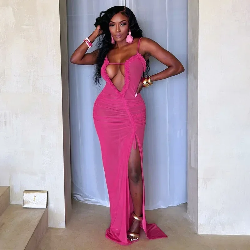 Sexy Frauen Mesh Low-Cut Maxi kleid ärmellose unregelmäßige Ausschnitt Perspektive langes Kleid hoch geschlitzte Rüschen Plissee Kordel zug Kleid