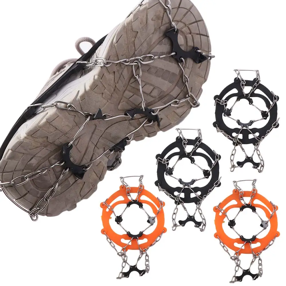 1 pair Stainless Steel Crampons Cleats Chain Boots Black/Orange Shoe Cover 8 Teeth Steel Ice Gripper Durable Antiskid