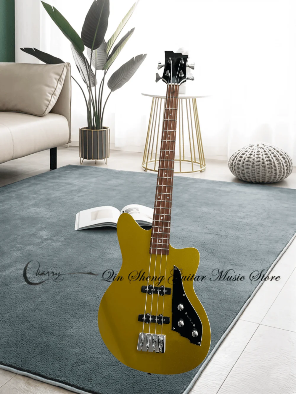 Guitarra de 4 cuerdas dorada, parte dorsal negra, puente de bajo grueso, cuerpo de madera maciza con mástil de arce, pastillas SS, 20 trastes, personalizada de fábrica