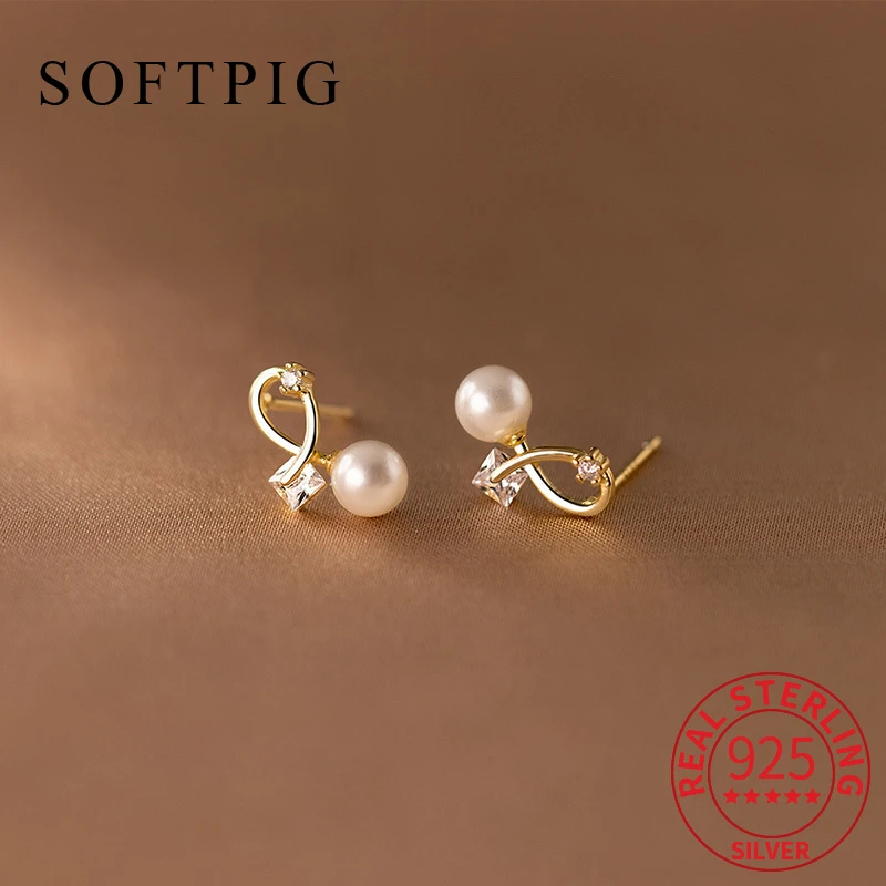 

SOFTPIG Real 925 Sterling Silver Pearl Zircon Bowknot Mini Stud Earrings for Women Cute Fine Jewelry Light Luxury Accessories