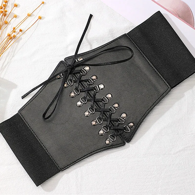 Black Lace-up Girdle Elastic Wide Waistband Leisure Style Skirt Shirt Matching Waist Band For Women