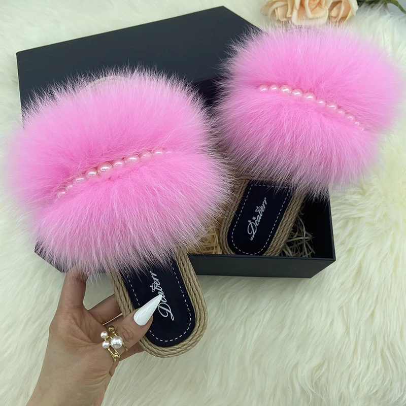 100% Natural Fox Fur Slippers Woman Summer Faux Espadrilles Pearl Chain Fluffy Slides Flip Flops 2022 Flats Women Shoes Sandals