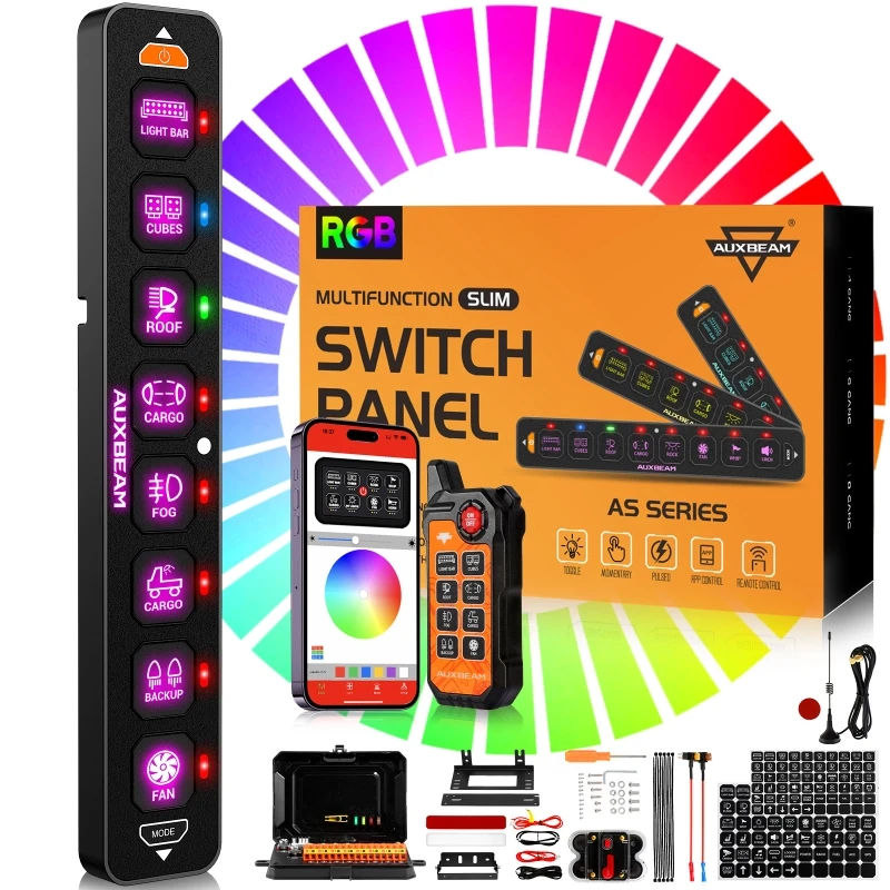 

AUXBEAM 8 Gang RGB Slim Switch Panel with APP&Remote Control One-Sided Outlet Electronic Relay System Switch For Car ATV AS-800