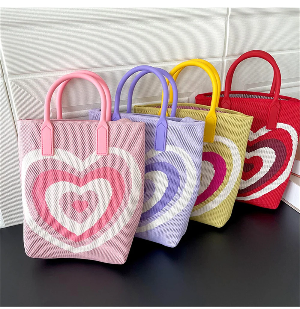 Knitted Bag Cute Heart Small Bags Women's Fashion Casual Handbags Daily Shoulder Bag Tote Bags for Women Polyester Tote Bags