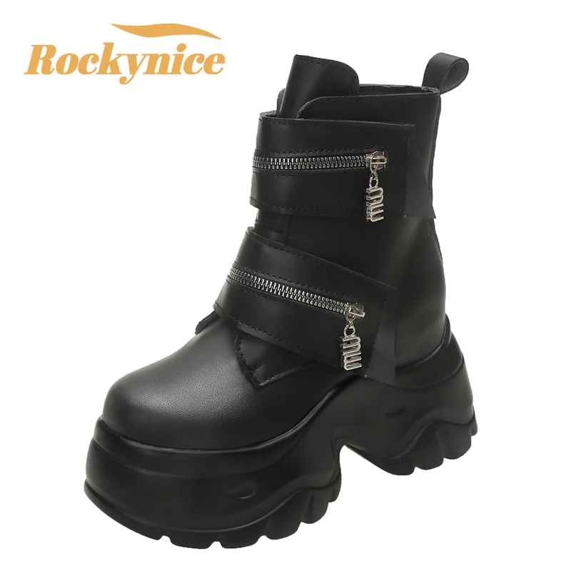 2025 Women's Leather Ankle Boots Autumn Winter 9CM Heels Chunky Sneakers High Platform Zip Motorcycle Short Boots Woman Botas