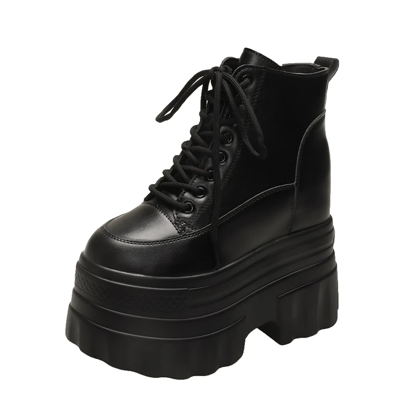 Women Thick Sole Ankle Boots 14CM High Heels New 2026 Autumn Spring Leather Chunky Shoes Motorcycle Punk Boots Woman Short Botas