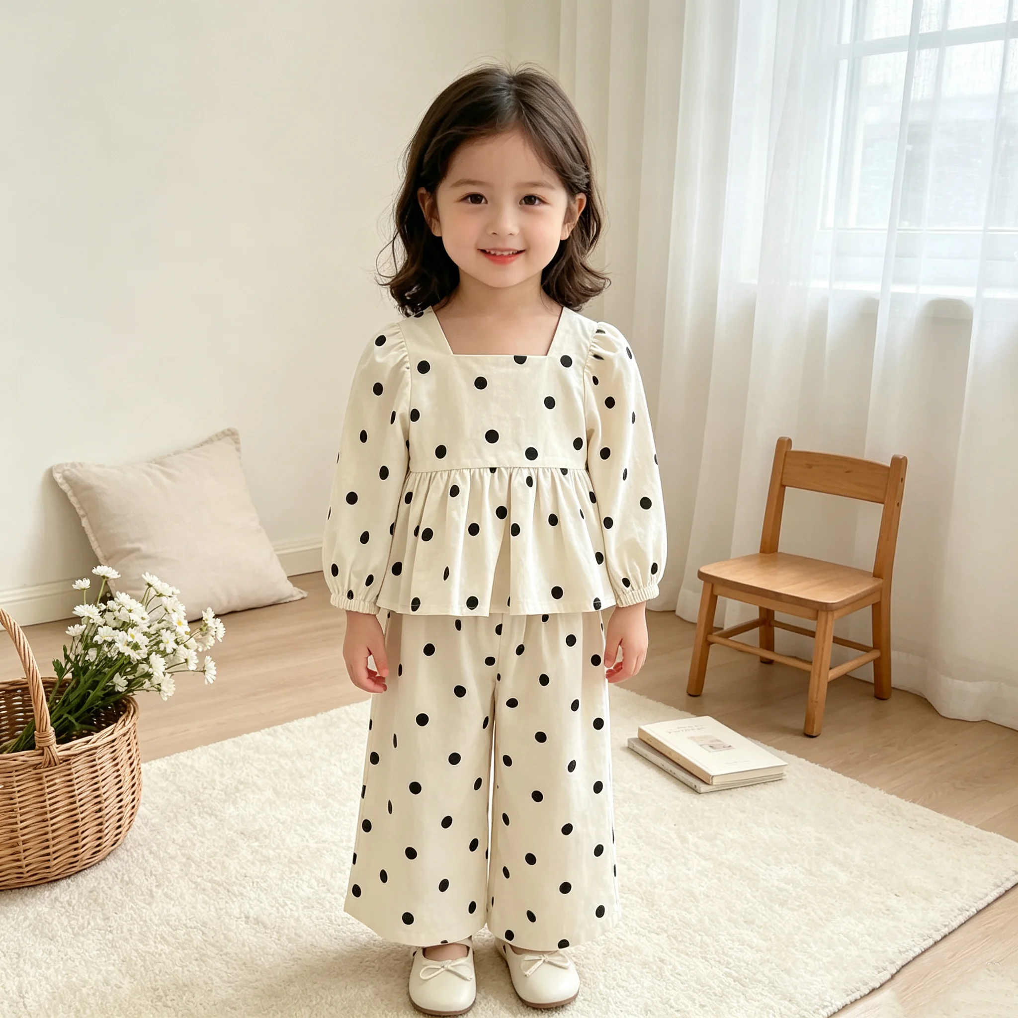 Children's Polka Dot Long Sleeve Clothing Set Autumn Square Collar Top Elastic Waist Skirt & Long Pants Outfit
